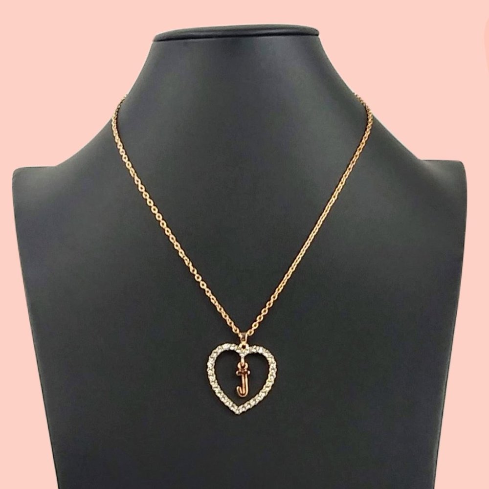 Rose Gold Tone "J" Rhinestone Heart Pendant Necklace